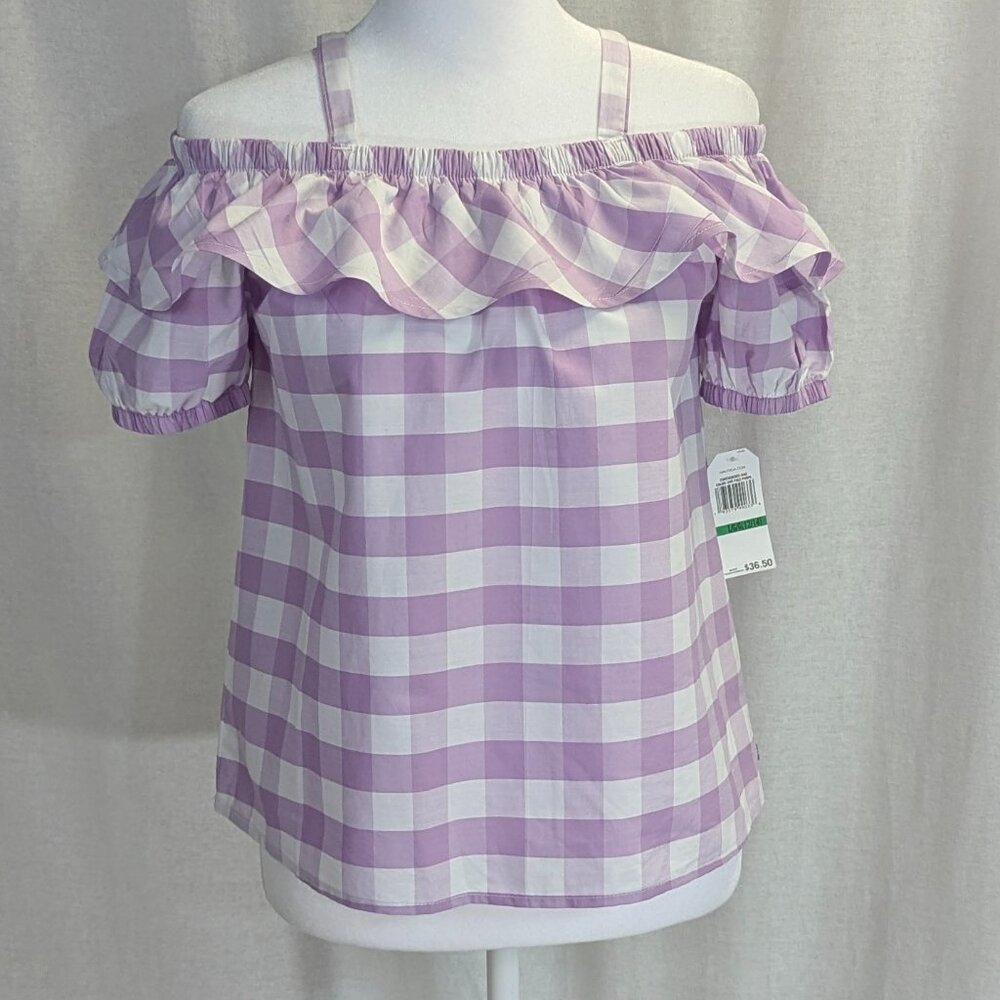 NWT Nautica Size Large (12-14) Cold Shoulder Lavender and White Gingham Blouse